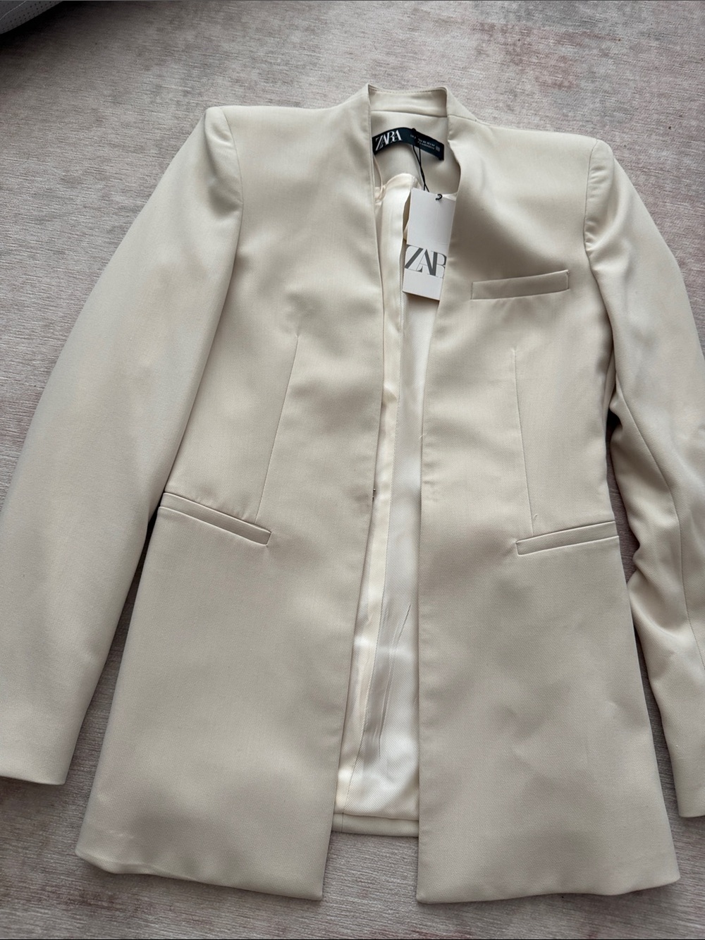 NWT Zara Light Beige Collarless Long Blazer Jacket XS